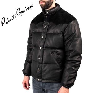 NWT ROBERT GRAHAM MEN’S PUFFER JACKET FAUX LEATHER/SUEDE COAT BLACK INSULATED‎